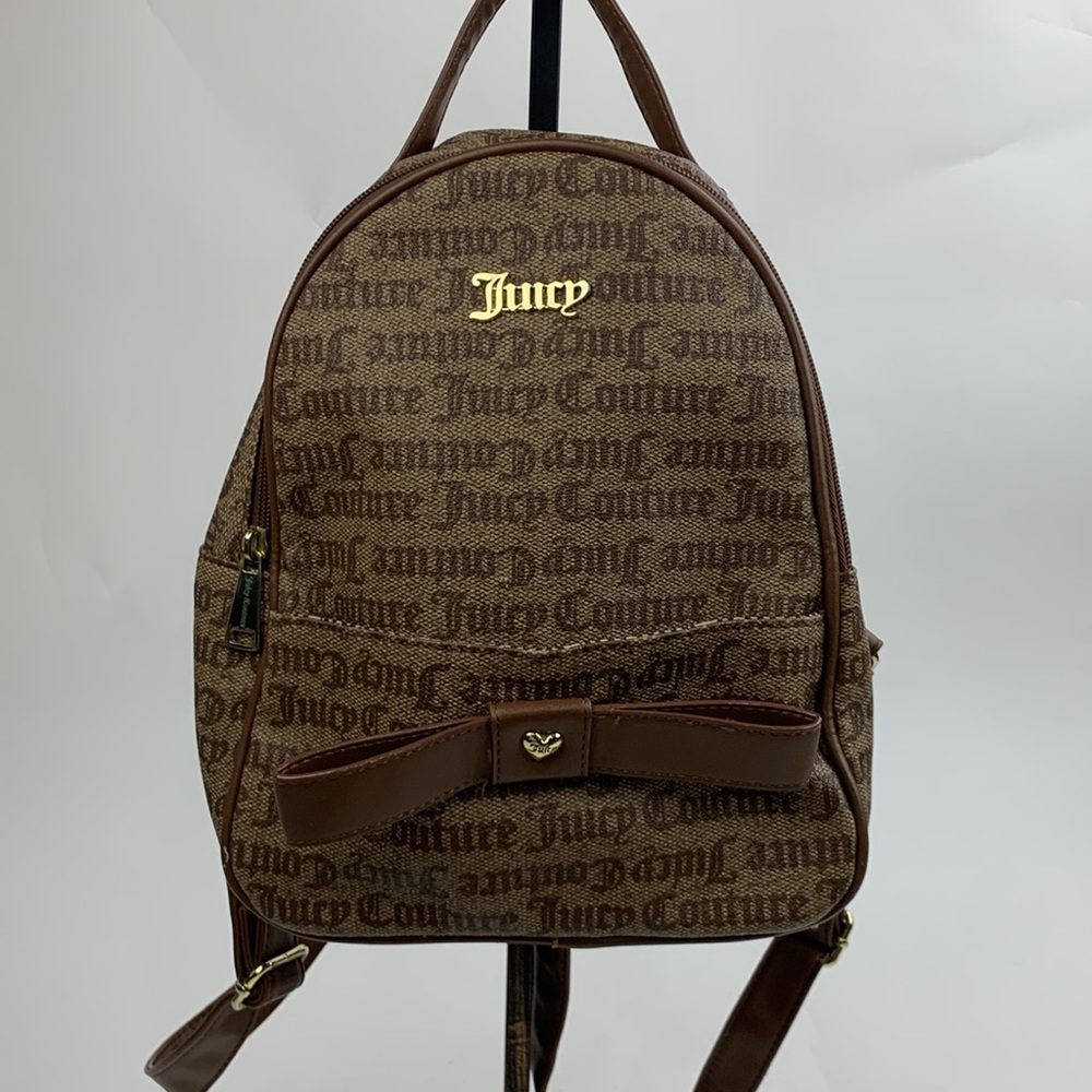 Juicy Couture Logo Backpack bag purse Brown Gold Zip close pockets adjustable